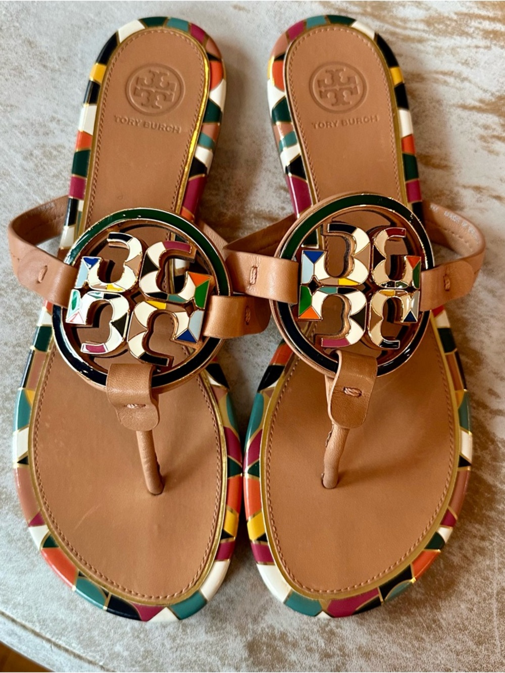 RARE Tory Burch Miller Tan Leather Sandals w Multicolor Enamel Logo s8 like new